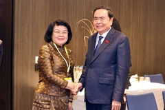 越南国会主席陈青敏会见柬埔寨国会主席昆索达莉。图自越通社