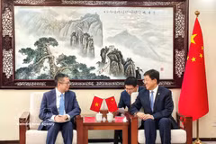 越南驻中国大使范清平（左）会见中国共青团中央书记处第一书记阿东。图自越通社
