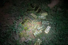 执法人员查获一辆摩托车和18块长方形金属锭（每块尺寸约11.5 x 5.1厘米），总重18公斤。图自越通社