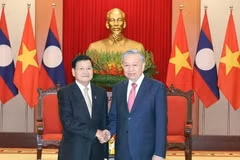 老挝人民民主共和国主席通伦·西苏里和越共中央总书记苏林。图自越通社