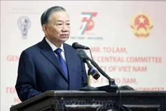 越共中央总书记苏林在保加利亚索非亚大学发表政策演讲。图自越通社