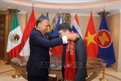 马来西亚驻墨西哥大使贾马尔·乔翰向越南驻墨西哥大使阮文海移交象征东盟驻墨西哥委员会（ACMC）主席职务的绶带。图自越通社
