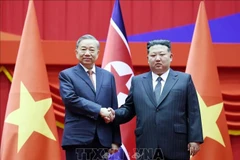 越共中央总书记苏林和朝鲜劳动党总书记、国务委员会委员长金正恩。图自越通社