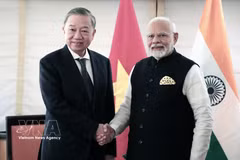 在出席第79届联合国大会和在美国工作期间，当地时间2024年9月23日下午，越共中央总书记、国家主席苏林在纽约会见了印度总理纳伦德拉·莫迪。图自越通社
