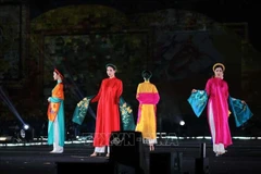 在首届河内世界文化节中进行奥黛表演。图自越通社