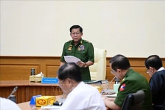 缅甸总司令敏昂莱于2025年7月31日在内比都出席缅甸国家安全与国防委员会会议并发表讲话。图自越通社