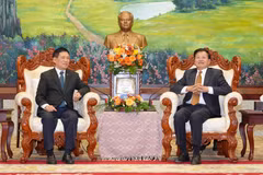 胡德福副总理和老挝人民革命党中央总书记、国家主席通伦·西苏里。图自越通社