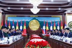 越共中央总书记苏林与老挝人革党中央总书记、国家主席通伦举行会谈。图自越通社