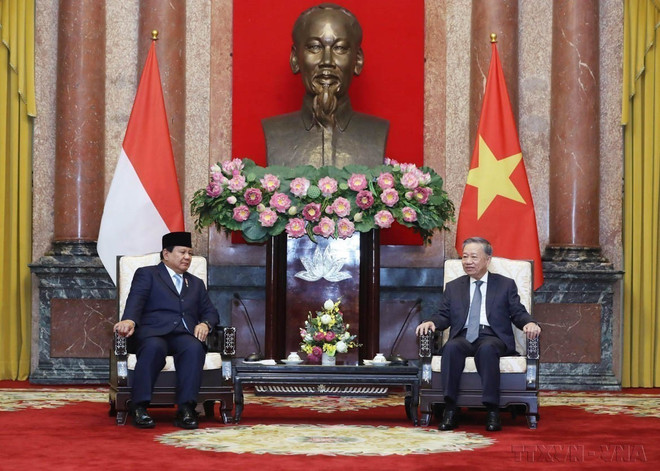 越共中央总书记、国家主席苏林会见对越南进行工作访问的印尼当选总统普拉博沃·苏比延多(2024年9月13日,于河内)。图自越通社 vn-indo.jpg