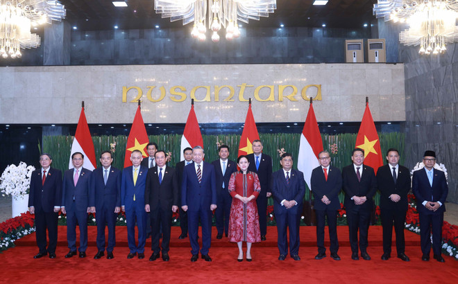 两位领导同两国代表合影。（图：越通社）