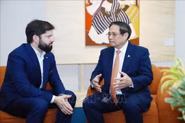 越南政府总理范明政会见智利总统加夫列尔·博里奇·丰特。图自越通社