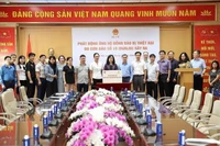 越南卫生部长陶红蓝向中央救济动员委员会代表赠送驰援款项。图自越通社