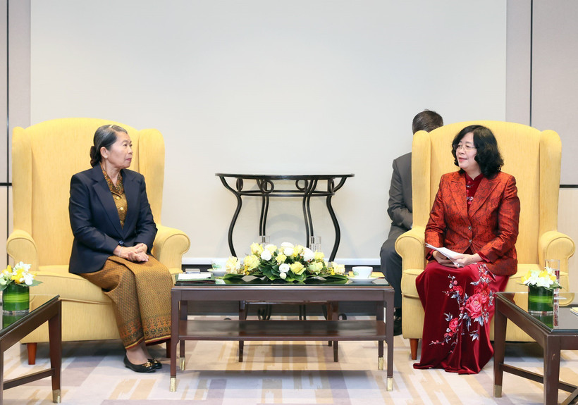 越南祖国阵线中央委员会主席裴氏明怀会见了柬埔寨人民党（CPP）副主席、柬埔寨祖国发展团结阵线国家委员会主席、柬越友好协会主席梅森安。图自越通社