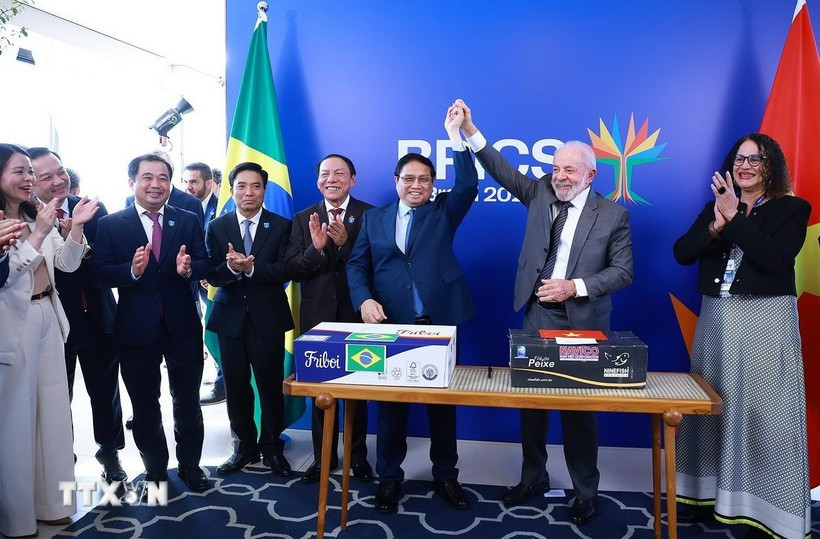范明政总理与卢拉·达席尔瓦总统共同见证了首批从巴西出口至越南的冷藏牛肉集装箱启运仪式。图自越通社
