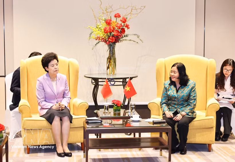 越南祖国阵线中央委员会主席阮氏明怀与中国全国政协副主席咸辉。图自越通社