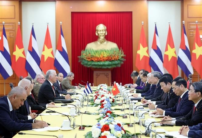 古共中央第一书记、古巴共和国主席米格尔·迪亚斯与越共中央总书记苏林举行会谈。图自越通社