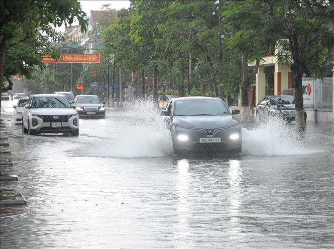 太平省暴雨致多条街道被淹没。图自越通社