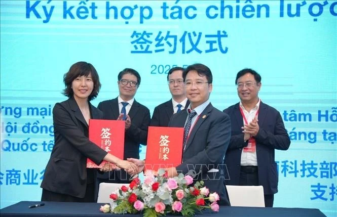 越南国家创新创业支持中心与中国贸促会商业行业委员会签署合作协议。图自越通社