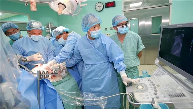 顺化中央医院一天内同时完成4台心、肝、角膜移植手术。图自越通社