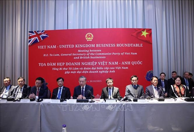 越共中央总书记苏林出席越南-英国企业座谈会。图自越通社
