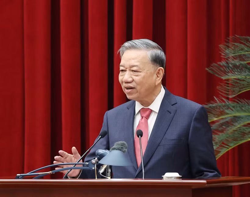 越共中央总书记苏林发表指导性讲话。图自越通社