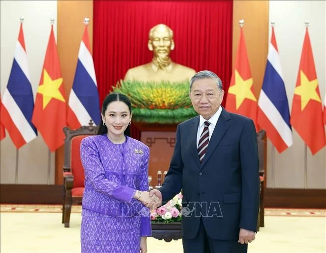 越共中央总书记苏林会见泰国总理佩通坦·钦那瓦。图自越通社