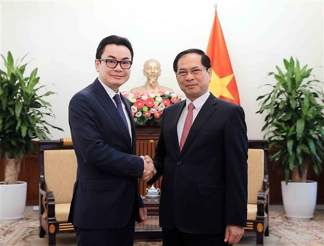 越南政府副总理兼外长裴青山会见柬埔寨国际合作部国务秘书昂·拉查纳。图自越通社