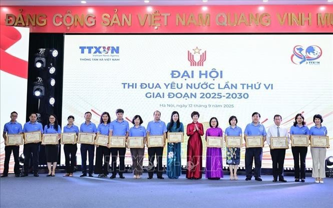 越通社社长向取得优异成绩的个人颁发奖状。图自越通社