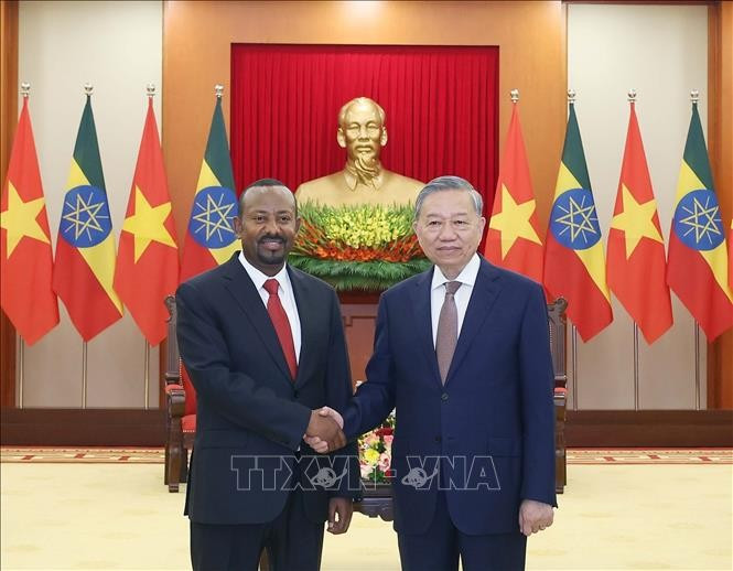 越共中央总书记苏林会见埃塞俄比亚联邦民主共和国总理阿比·艾哈迈德。图自越通社