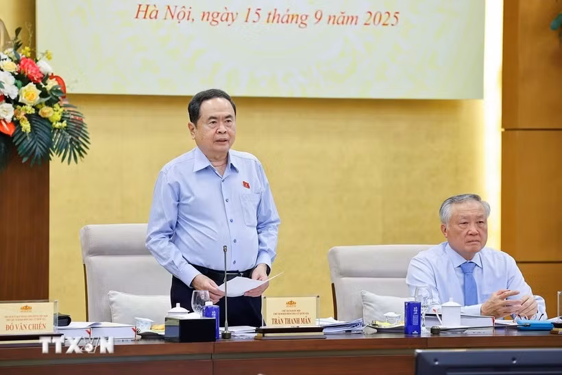 越南国会主席陈青敏发言。图自越通社