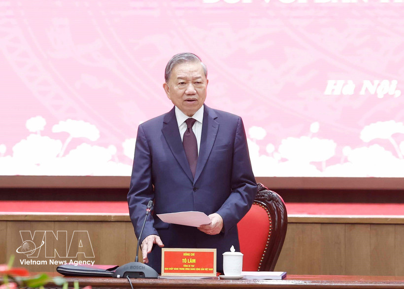 苏林总书记在会议上发言。图自越通社
