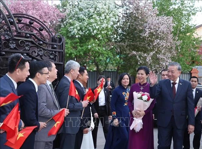 苏林与哈越南驻哈萨克斯坦大使馆干部和旅哈越南人代表会面。图自越通社