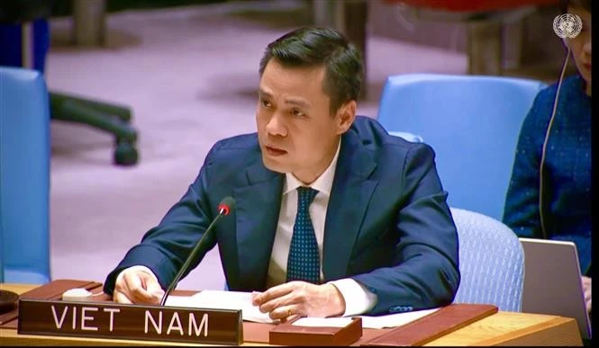 越南常驻联合国代表团团长邓黄江大使在会议上发言。图自越通社