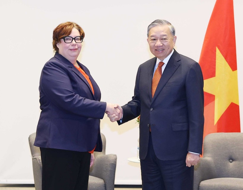 越共中央总书记苏林会见芬兰共产党总书记蒂娜·桑德伯格。图自越通社