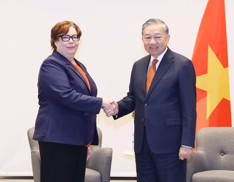 越共中央总书记苏林会见芬兰共产党总书记蒂娜·桑德伯格。图自越通社