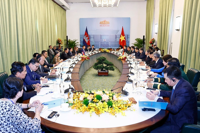 越南国会主席陈青敏会见柬埔寨人民党主席洪森。图自越通社