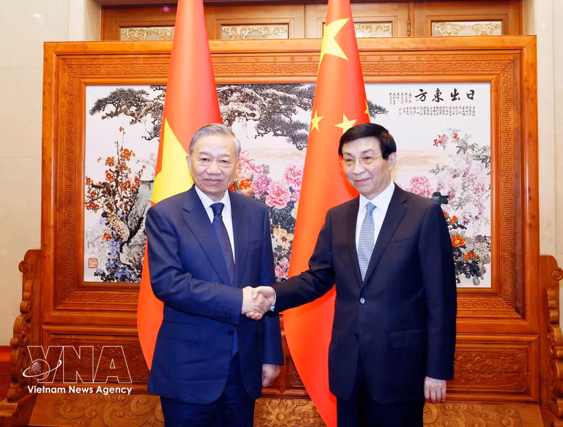 越共中央总书记、国家主席苏林会见中国全国政协主席王沪宁。图自越通社