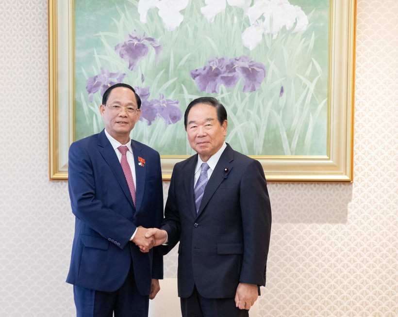 越南国会副主席陈光方与日本众议院议长额贺福志郎。图自越通社