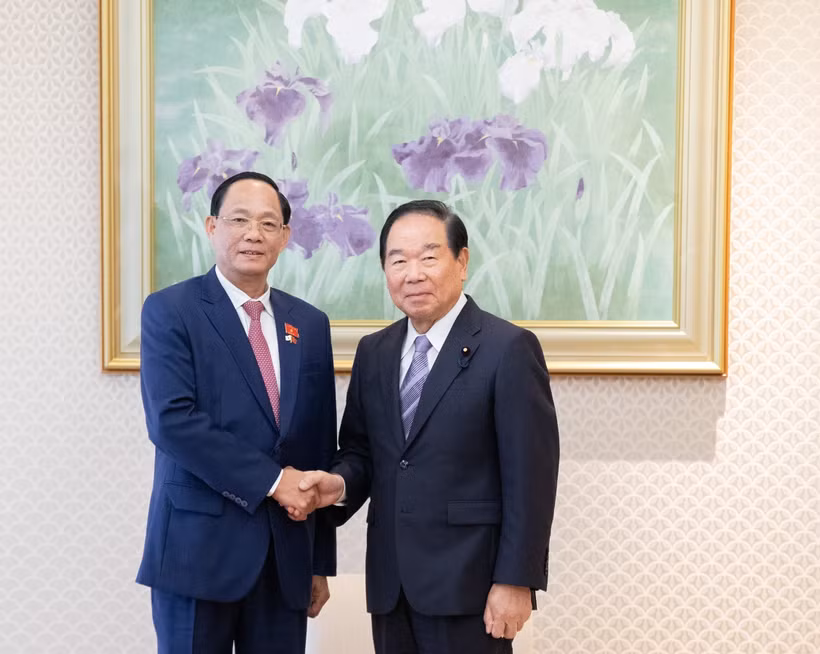 越南国会副主席陈光方与日本众议院议长额贺福志郎。图自越通社