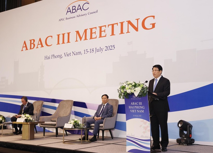 越南国家主席梁强在会议上发言。图自越通社