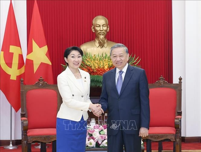 越共中央总书记苏林会见日越友好议员联盟主席小渕优子。图自越通社