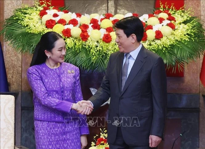 越南国家主席梁强会见泰国总理佩通坦·钦那瓦。图自越通社