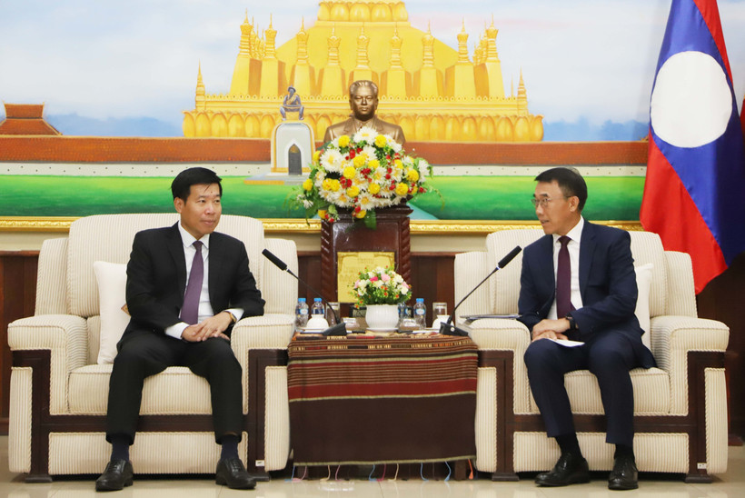 越南外交部副部长阮孟强与老挝中央对外部代理部长本莱·班达努冯。图自越通社