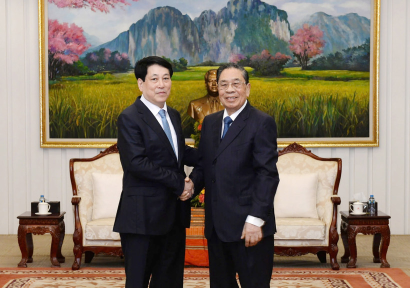 越南国家主席梁强会见了朱马里·赛雅颂同志。图自越通社