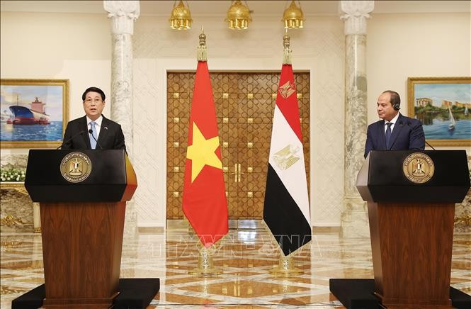 越南国家主席梁强与埃及总统塞西共同会见记者。图自越通社