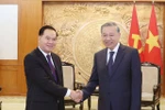 越共中央总书记苏林和老挝党中央书记处书记、中央办公厅主任通沙立。图自越通社