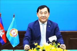 柬埔寨人民党中央外委会第一副主席，国会外交、国际合作、宣传与新闻委员会主席、发言人索斯亚拉接受越通社记者采访。图自越通社