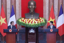 越南国家主席梁强与法国总统马克龙共见记者。图自越通社