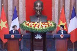 越南国家主席梁强与法国总统马克龙共见记者。图自越通社