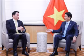 越南国家主席梁强（右）会见韩国SK集团会长崔泰源。图自越通社